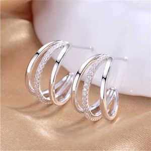 New Sterling Silver White Sapphire Triple Half Hoops